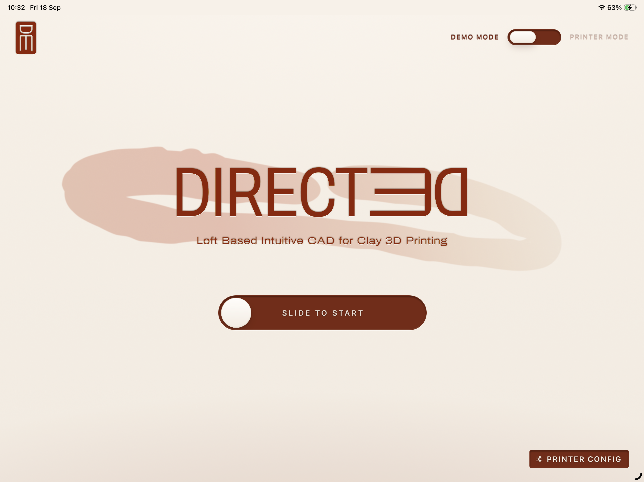 DIRECTED start screen with slide-to-start control and demo/printer mode toggle
