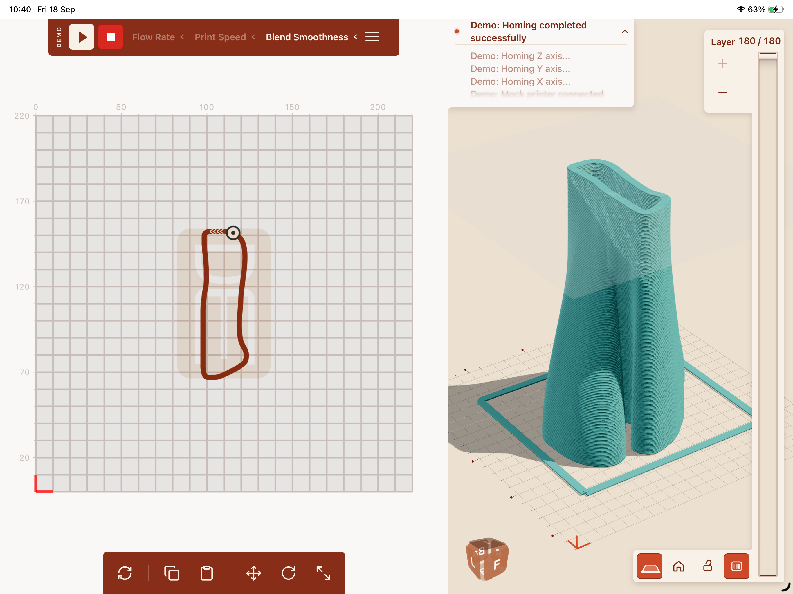 Complete DIRECTED workspace with the drawing canvas, compact printer log, integrated controls and layered 3D preview