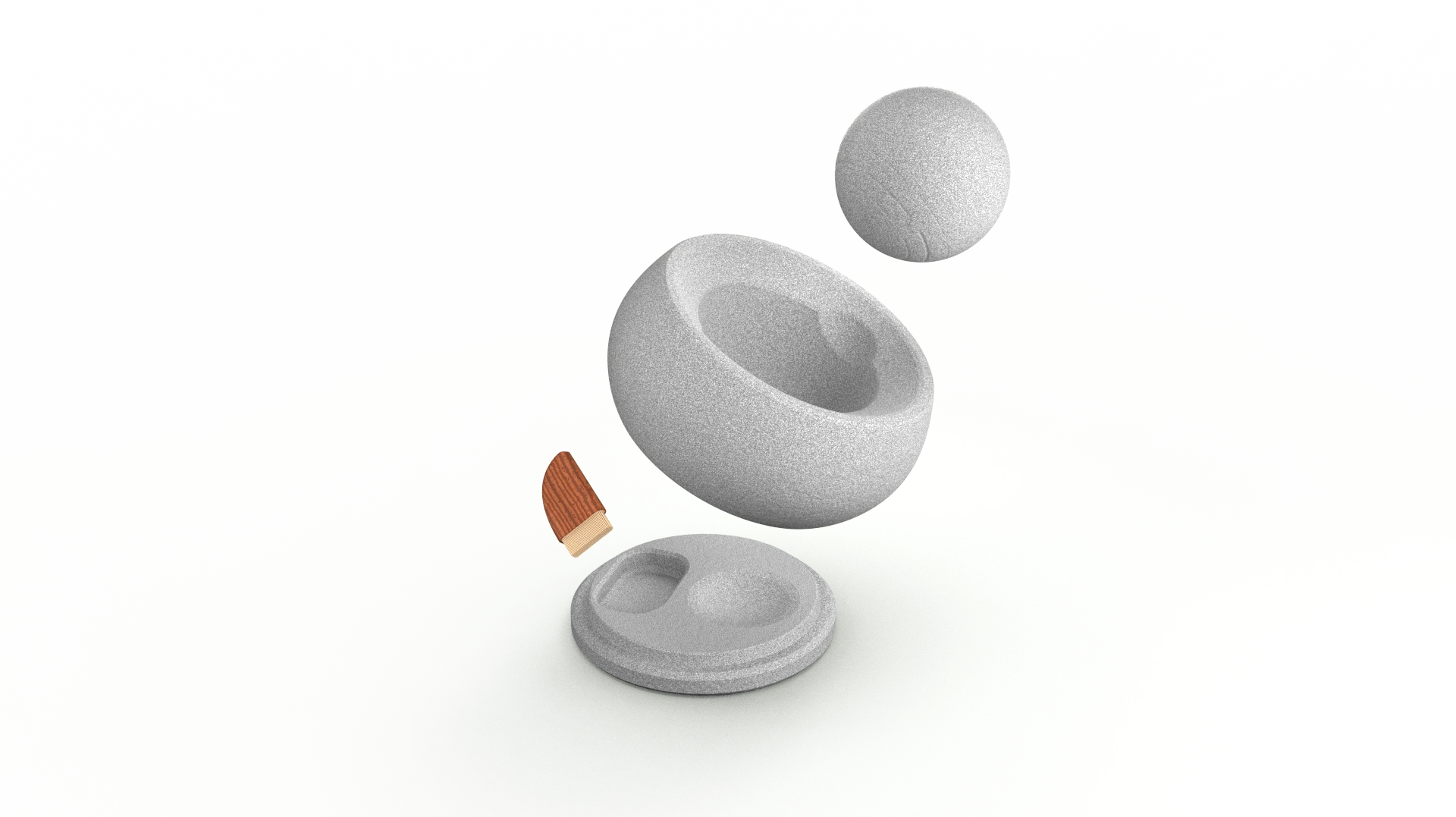Exploded render of the spherical pestle, mortar with finger recesses, small brush, and recessed base