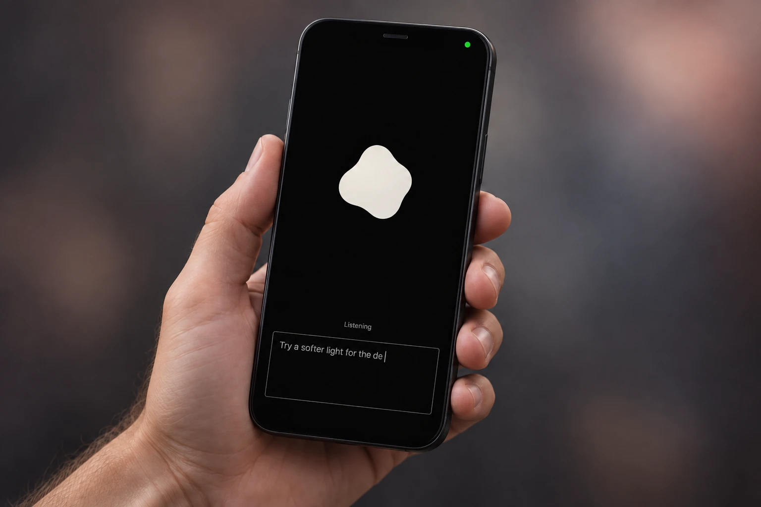 A hand holding SideNote Capture mid-use, with a listening blob and a partially transcribed thought