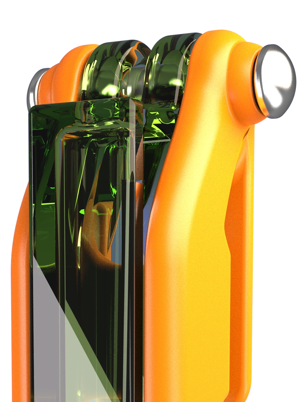 Close detail of the orange handle and green cutting blades of Cut & Run